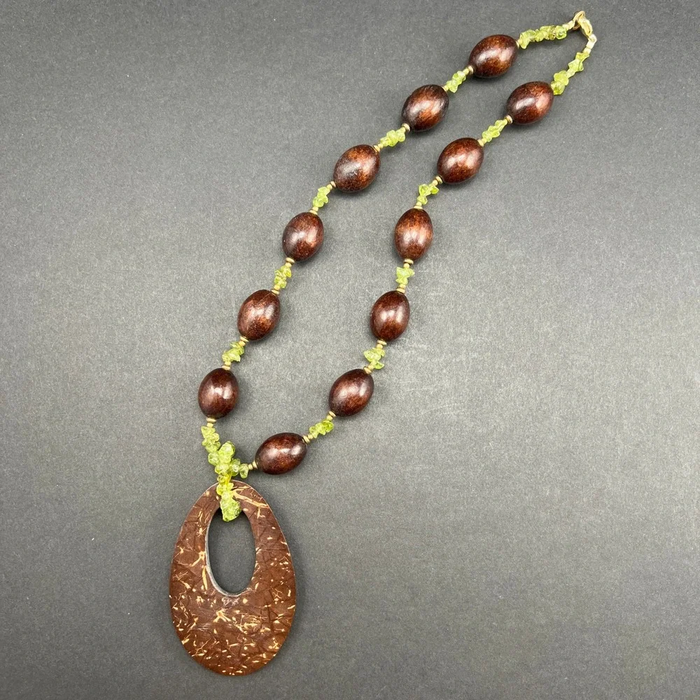 Boho Beaded Necklace Brown Green Wood Stone Coconut Shell 19